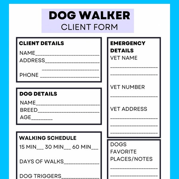 Dog Walker Printable | Dog Walking Client Sheet | Client Form | Dog Walker | Dog Business Clients | Digital Download