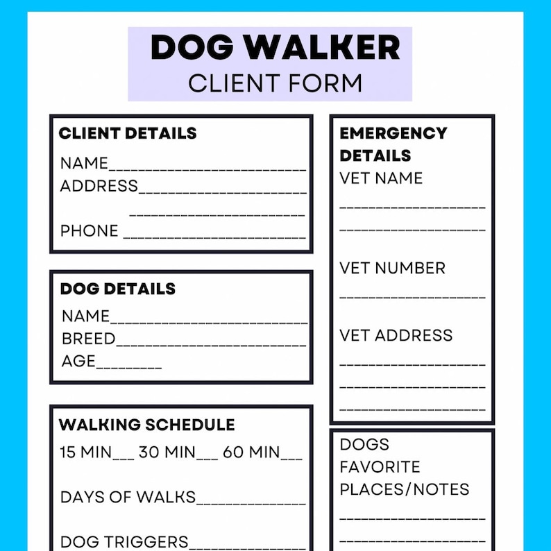 Dog Walker Printable Dog Walking Client Sheet Client Form Dog Walker Dog Business Clients Digital Download image 1