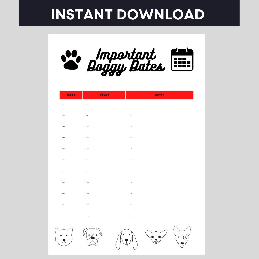 Important Dog Dates List Dog to Do List Pet Planner Dog Etsy