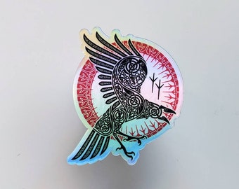 Pegatina holográfica de cuervo vikingo, pegatina de runas vikingas, pegatina vikinga, decoración vikinga, calcomanía vikinga