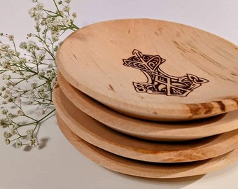 Viking wood plates, set of wood plates, engraved plates, wood decor, viking decor, rustic plates, wooden tableware, gift for viking lovers