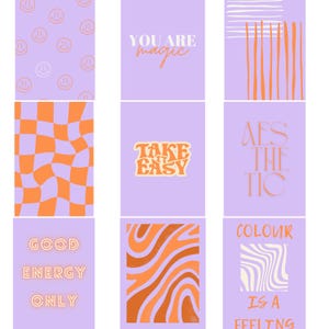 Könnte beinhalten: Neun lavendelfarbene Kunstdrucke mit verschiedenen Designs und Texten. Die Drucke zeigen Smiley-Gesichter, wellenförmige orangefarbene Muster und Sätze wie "You Are Magic" und "Take It Easy". Das Gesamtthema ist positiv und motivierend.