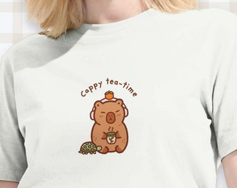 Capybara Tea Time T-Shirt: Kawaii Tier Geschenk, Unisex T-Shirt aus 100% Bio-Baumwolle, weich & bequem