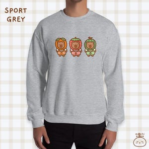 K&ouml;nnte beinhalten: Ein graues Sweatshirt mit einem Motiv von drei Cartoon-B&auml;ren, die Fr&uuml;chte-Kost&uuml;me tragen. Die B&auml;ren tragen ein Orangen-, ein Erdbeer- und ein gr&uuml;nes Apfelkost&uuml;m. Das Sweatshirt hat lange &Auml;rmel und einen Rundhalsausschnitt.