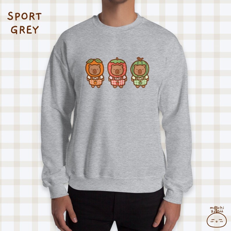 K&ouml;nnte beinhalten: Ein graues Sweatshirt mit einem Motiv von drei Cartoon-B&auml;ren, die Fr&uuml;chte-Kost&uuml;me tragen. Die B&auml;ren tragen ein Orangen-, ein Erdbeer- und ein gr&uuml;nes Apfelkost&uuml;m. Das Sweatshirt hat lange &Auml;rmel und einen Rundhalsausschnitt.