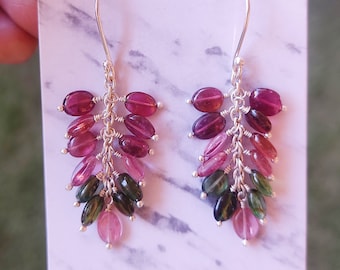 Watermelon Tourmaline Dangle Earrings: 18k Gold Plated, Small Gemstone