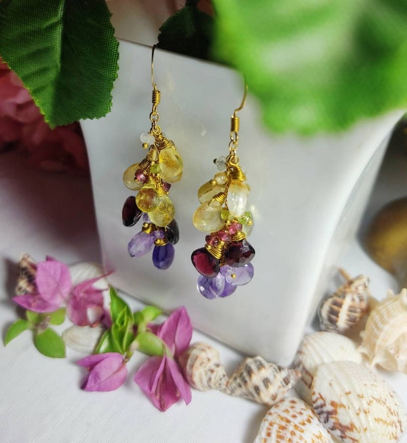 Multi Color Gemstones Waterfall Earrings Gem Drop Cascade Earrings Etsy