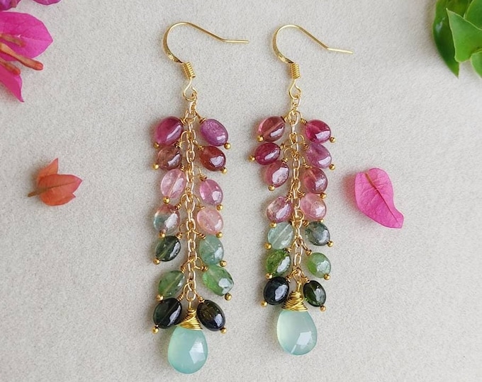 Multi Tourmaline Cascade Earrings: Gold Dangle Gemstone Earrings