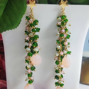 Multicolored long dangle gemstones earrings for women  // Green pink earrings// 6th anniversary gift for her