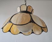 Large Vintage Tiffany Chandelier. 1980s. Caramel Slag Glass Stained Hanging Pendant Flower Lamp Light Tulip Saloon
