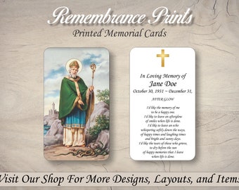 Printed Memorial Cards,  Personalized Memorial Prayer Card, Catholic Prayer Cards for Funeral, Celebration of Life Cards. St. Patrick