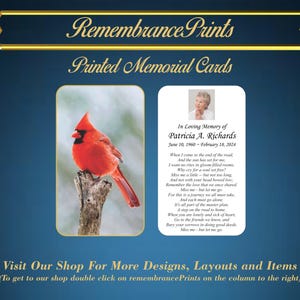 May include: A memorial card with a red cardinal on a branch and a poem about remembering a loved one. The card is printed on a blue background with a gold border. The text on the card reads "In Loving Memory of Patricia A. Richards June 10, 1960 - February 18, 2024".