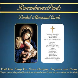 Printed Memorial Cards,  Personalized Memorial Prayer Card, Catholic Prayer Cards for Funeral, Celebration of Life Card Madonna & Child Card