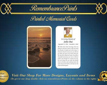May include: A printed memorial card with a sunset beach scene and a photo of a man. The text reads "In Loving Memory of John Doe September 11, 1936 - November 1, 2020".
