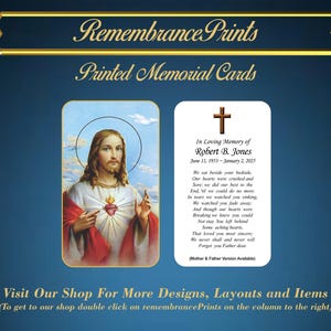 Printed Memorial Cards,  Personalized Memorial Prayer Card, Catholic Prayer Cards for Funeral, Celebration of Life Card Sacred Heart II