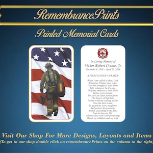 May include: A memorial card with a firefighter's prayer and a photo of a firefighter in front of an American flag. The card reads "In Loving Memory of Victor Robert Crusco, Jr. December 6, 1930 - April 20, 2024 A Firefighter's Prayer".