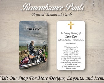 Printed Memorial Cards,  Personalized Memorial Prayer Card, Catholic Prayer Cards for Funeral, Celebration of Life  Motorcycle Memorial Card