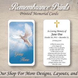Printed Memorial Cards,  Personalized Memorial Prayer Card, Catholic Prayer Cards for Funeral, Celebration of Life Card. Dove Memorial Card