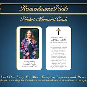 May include: A white memorial card with a black border and a gold cross. The card features a photo of a woman in a plaid shirt and a poem in memory of Sarah L. Duffy. The text reads "In Loving Memory of Sarah L. Duffy June 6, 1978 - December 6, 2020".
