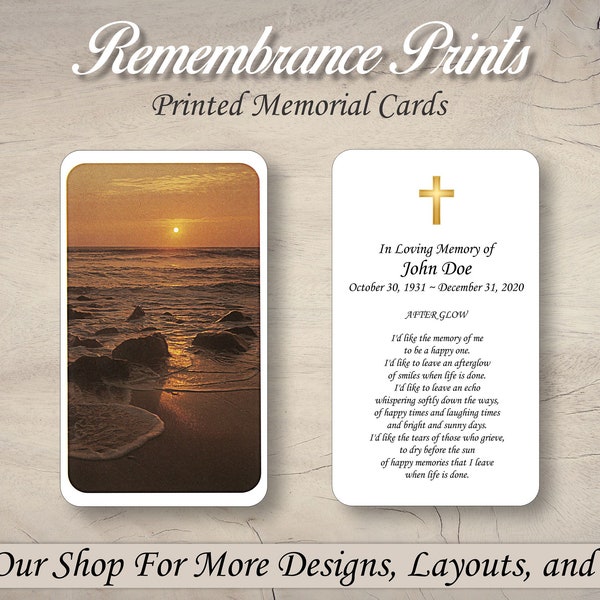 Printed Memorial Cards,  Personalized Memorial Prayer Card, Catholic Prayer Cards for Funeral, Celebration of Life Card. Ocean Sunset Cards