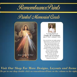 May include: Two memorial cards with a religious image of Jesus on the left and a memorial message for Linda M. Gaudette on the right. The cards are white with gold trim and a blue background.