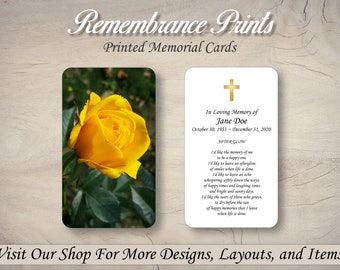 Printed Memorial Cards,  Personalized Memorial Prayer Card, Catholic Prayer Cards for Funeral, Celebration of Life Card. Yellow Rose Card