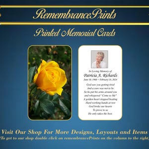 May include: A memorial card with a yellow rose and a text tribute to Patricia A. Richards. The text reads "In Loving Memory of Patricia A. Richards June 10, 1960 - February 18, 2024 God saw you getting tired And a cure was not to be So he put his arms around you and whispered "Come to Me" A golden heart stopped beating Hard working hands at rest God broke our hearts To prove to us He only takes the best."