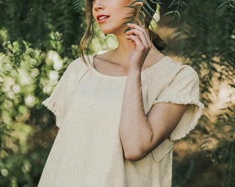 Linen Blend Short Sleeve Top|  Womens Fashion | Casual Minimalist Womens Top | Boho Chic Fashion