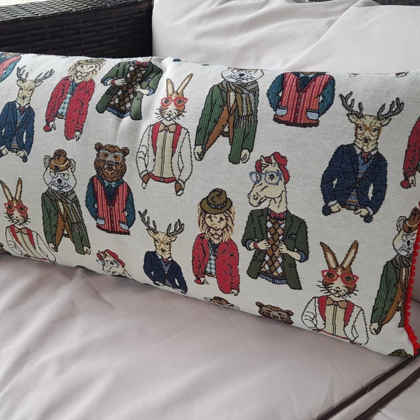 Bolster Cushion Cover 30cm x 60cm preloved Animals in Suits tapestry fabric with Red Pom-Pom trim and zip opening. Free UK delivery.