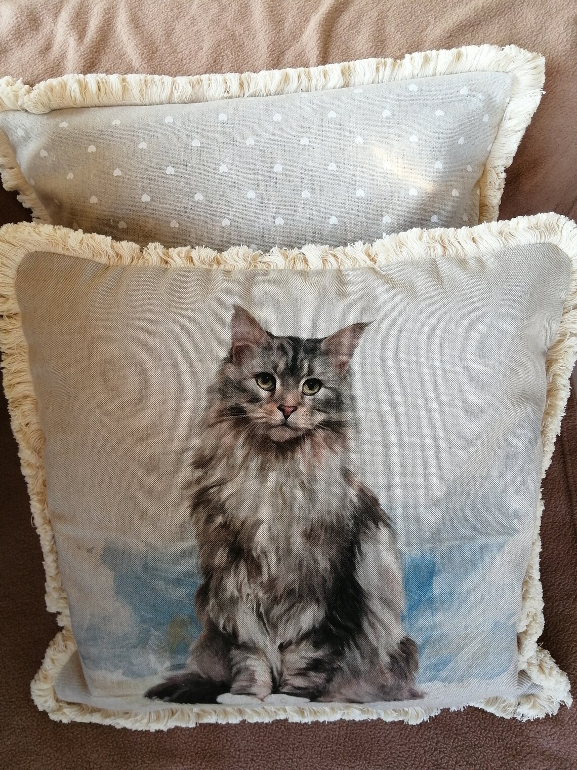Cat Cushion Cover With Cream Fringe Trim. Linen Look Canvas Fabric