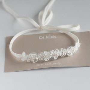 White flower lace newborn headband Beads newborn tieback Delicate Newborn headband Props for photography Lace newborn outfit Lace Photo prop