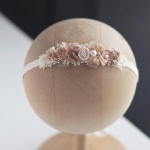 Beige Boho newborn flower headband Props for photography Delicate tieback newborn Newborn photography outfit girl Lace photography headband