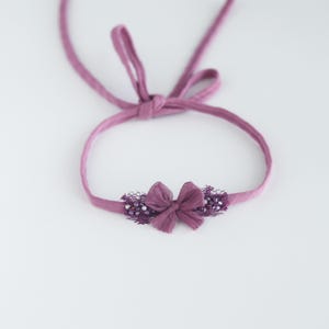 Purple lace silk newborn tieback Violet Bow newborn photography Pearl Headband for photography Simple baby bow Photo props Newborn outfit