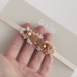 Brown newborn delicate headband Mustard newborn flower tieback Headband for photography Newborn boho outfit Small newborn lace headband