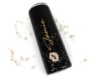 Vaso personalizado con purpurina brillante y diamantes de imitación, vaso con pajita personalizado con purpurina en oro negro. Dama de honor, maestra o enfermera