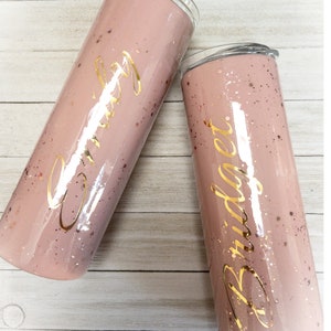 Personalized Rose Gold Glitter Insulated Tumbler with straw and lid. Custom name cups for family and friends. Personalized holiday gifts