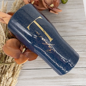Custom Personalized Navy Blue Gold Glitter Insulated Tumbler Cup with Lid and Straw. Personalized Gifts. Personalized Tumbler Cup
