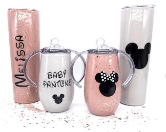 Vaso personalizado con purpurina de Minnie Mouse y Mickey Mouse. Vaso de brillo dorado rosa con Minnie. Vaso Gris con Mickey