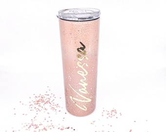 Vaso personalizado con purpurina, vaso personalizado con purpurina ombré en color oro rosa, con pajita y tapa. Vaso personalizado con nombre