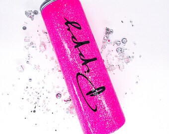 Vaso con purpurina personalizado, taza personalizada con purpurina rosa fuerte, con pajita y tapa. Regalo personalizado.