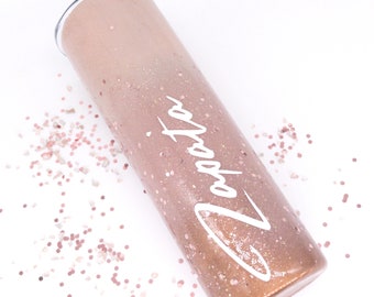 Vaso personalizado con purpurina degradada en oro rosa, con tapa y pajita. Regalos personalizados, regalos para profesores, regalos para damas de honor.