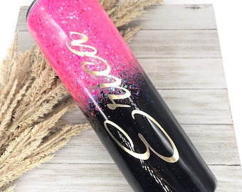 Benutzerdefinierte Glitter Hot Pink Becher, Hot Pink und Schwarz Ombre Glitter Isolierbecher mit Strohhalm und Deckel