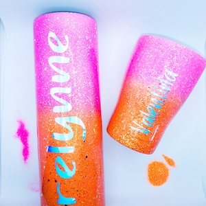 Custom Personalized Hot Pink Neon Orange Glitter Insulated Tumbler Cup With Straw And Lid.Personalized Gifts with names. Vacation Tumbler