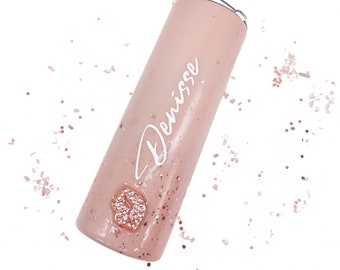 Vaso de oro rosa personalizado, vaso con purpurina personalizado con pajita, vaso con diamantes de imitación, regalo personalizado