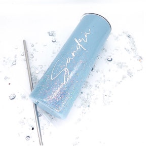 Custom Personalized Light Blue Glitter Tumbler,  Personalized Tumbler With Straw And Lid. Bridesmaid Personalized Gift. Wine Tumbler.
