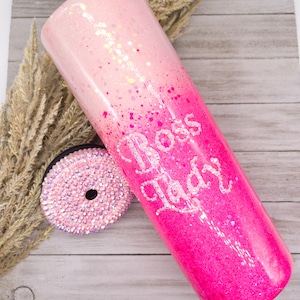 Custom Personalized Pink Boss Lady Rhinestone Insulated Tumbler with straw and lid. Personalized gifts, personalized bling tumbler cup.
