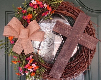 Beautiful Spring Easter Wreath with Wood Cross