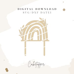 May include: A digital download of a cake topper featuring a rainbow with leaves on either side. The rainbow is a light brown colour and the leaves are a darker brown. The text "Caketopper" is written below the rainbow.