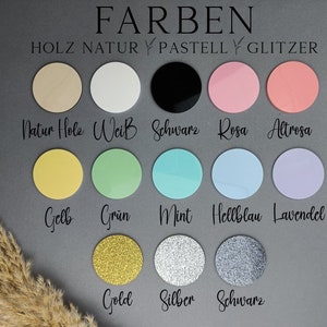 May include: A chart of different colors for wood, pastel, and glitter. The colors include natural wood, white, black, pink, light pink, yellow, green, mint, light blue, lavender, gold, silver, and black glitter.