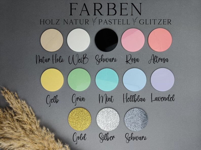 May include: A chart of different colors for wood, pastel, and glitter. The colors include natural wood, white, black, pink, light pink, yellow, green, mint, light blue, lavender, gold, silver, and black glitter.